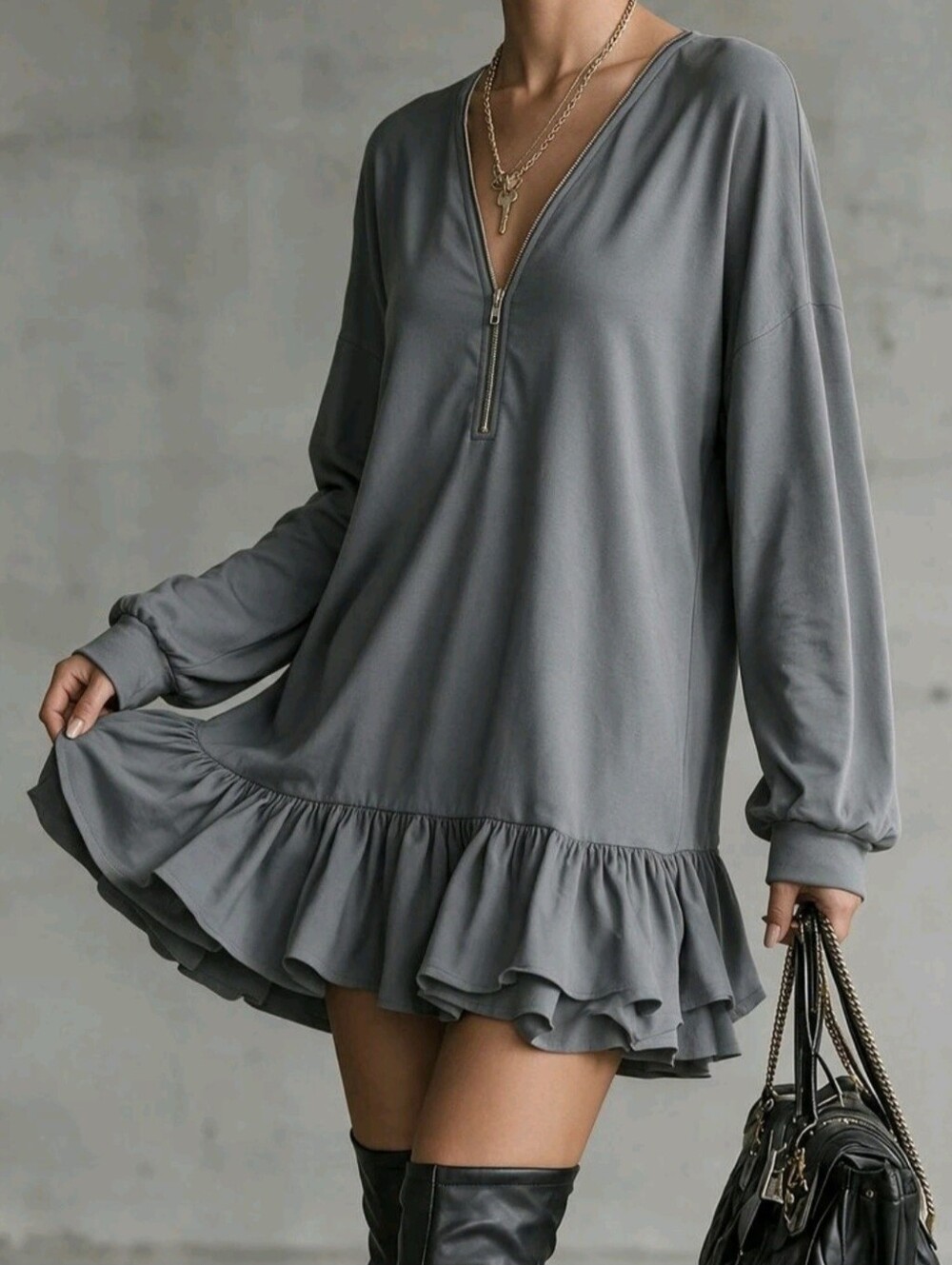 Women's Long Sleeve Zip-Up Deep V-Neck Sweatshirt, Loose Casual With Ruffle Hem - Picture 3 of 6